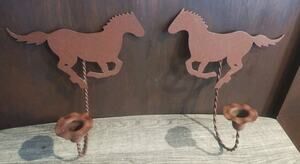 Vintage Rustic Metal Horse CandleStick Holders Set of 2 wall hanging 10 x 9 in.